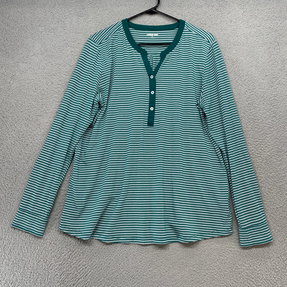Lands End Top Womens XL / 18 Striped Henley Green Stretch Modal Soft Long Sleeve